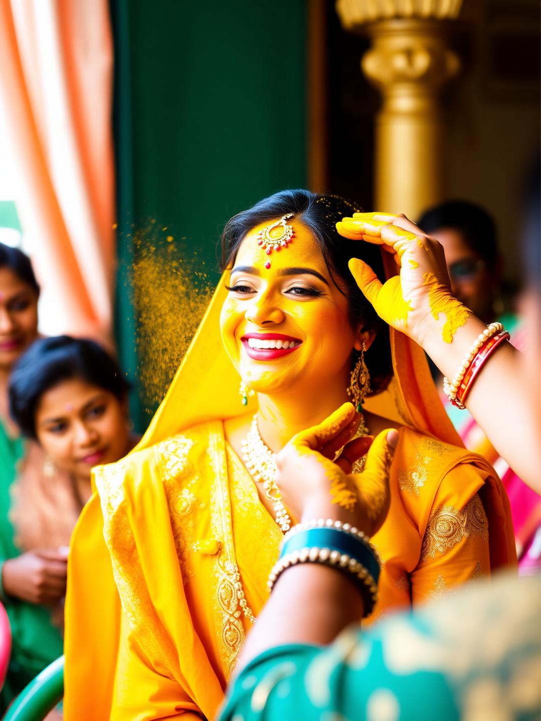 Bride radiant during Haldi ceremony with turmeric powder