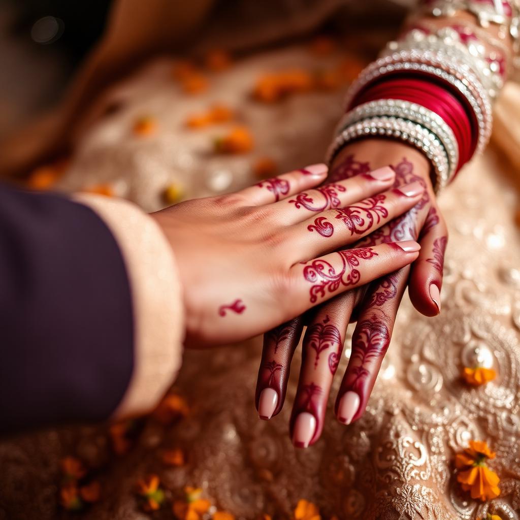 Close-up of mehendi adorned bridal hands