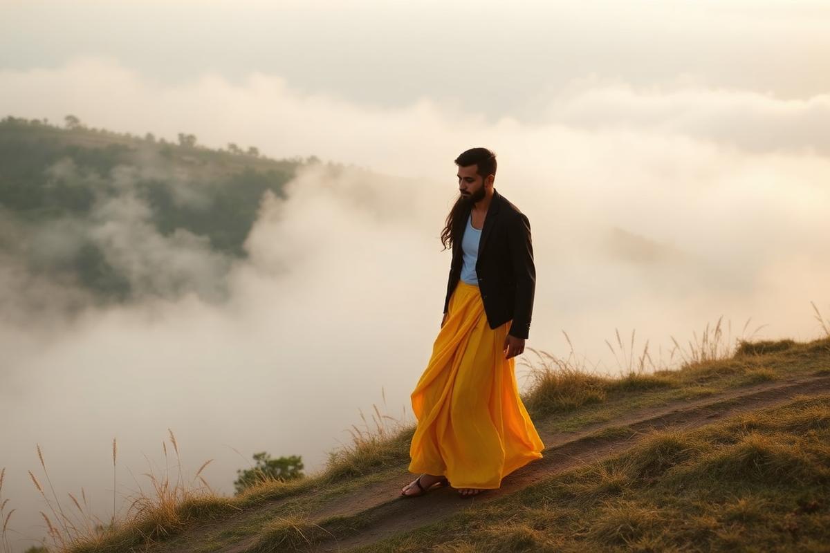 Pre-wedding portrait on a misty hillside