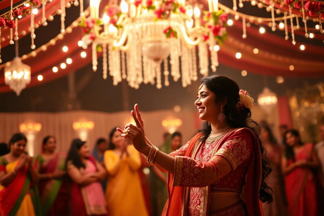 Bride dancing at sangeet under chandeliers